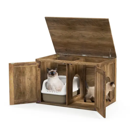 Oak Wooden Flip Top Hidden Cat Washroom Furniture with Removable Divider and Flip Top Opening {4}