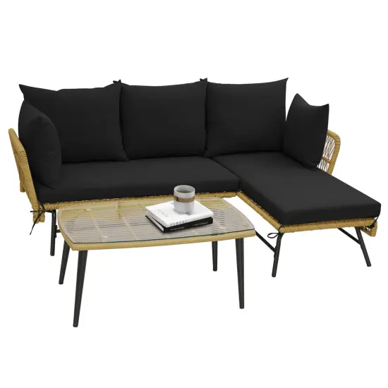 3 Pieces L-Shaped Patio Sofa with Tempered Glass Coffee Table with Metal Frame Black {4}
