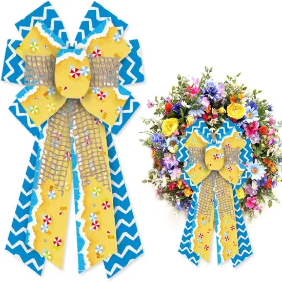 Large Summer Bows for Wreath, Summer Wreath Bows Ocean Sea Wave Bows Blue Yellow Burlap Bow Holiday Farmhouse Craft Bows for Front Door Summer Beach Pool Party Decorations Supplies {1}