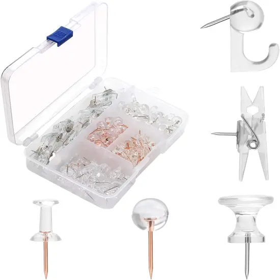 Clear Push Pins Set, 5 Styles 125-count Thumb Tacks Map Pins, Steel Point and Clear Plastic Head Pushpins Transparent Thumbtacks for Cork Board Bulletin Boards {1}