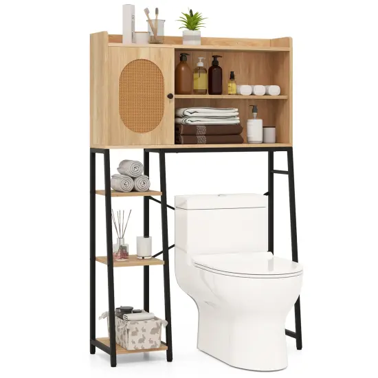 Natural PE Rattan and Engineered Wood Toilet Rack with Adjustable Shelves {4}