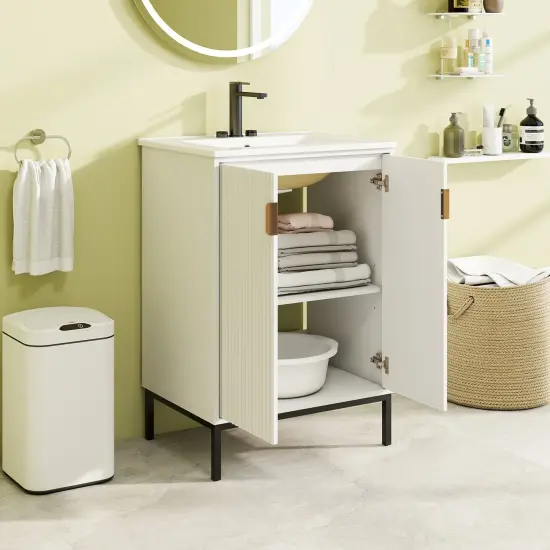 White Bathroom Vanity with Ceramic Sink and Adjustable Shelf {3}
