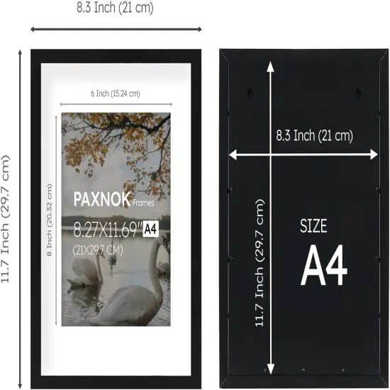 A4 Frame Black - Display 6x8 Picture Frame With Mat or 8.27x11.69 Inch Without Mat Poster Frame, Certificate Document Frame, for Wall Art {2}
