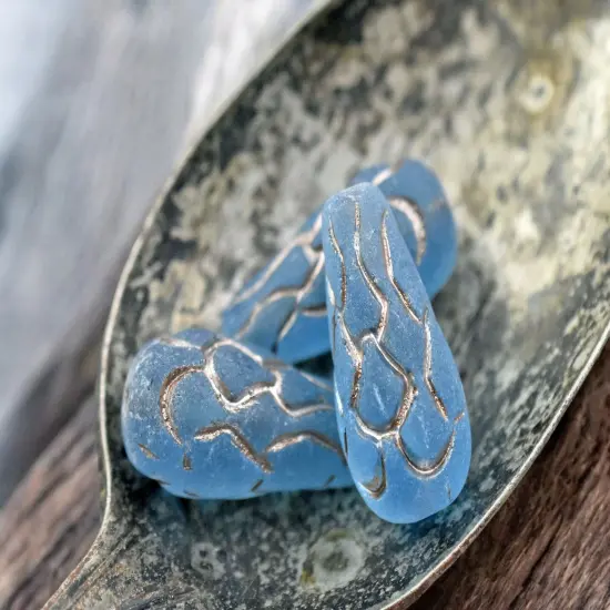 *6* 25x12mm Platinum Washed Matte Transparent Ocean Blue Mermaid Scale Large Drop Beads {3}