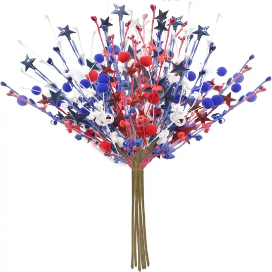 2pcs Patriotic Berry Picks, Artificial Berry Stems 18" Red Blue Star Floral Picks for Floor Vase Decor, Faux Fur Ball Branches for Home Decoration {1}
