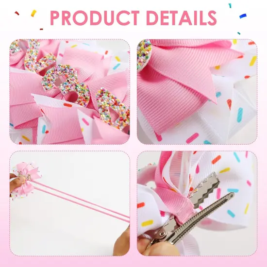 Birthday Hair Bow for Baby Girls 1 2 3 4 5 6 Years Sprinkle Decorations Confetti Ice Cream Party Pink Hair Accessories for 6th Birthday {3}
