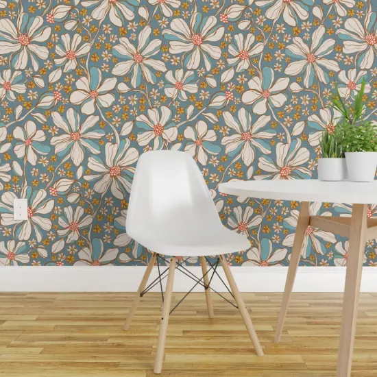 Peel & Stick Wallpaper 2FT Wide Blue Boho Floral Retro Botanical Garden Bloom Meadow Wildflower Large Scale Custom Removable Wallpaper by Spoonflower {1}