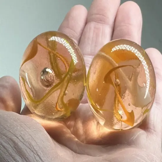FIrefly 35mm Marbles~set of 2 Boulders glass Clear Orange/yellow/White {4}