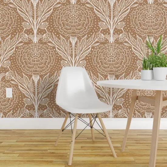 Pre-Pasted Wallpaper 2FT Wide Farmhouse Floral Boho Baby Marigold Bohemian Sketched Flowers Neutral Terra Cotta Cinnamon Brown Xl Scale Custom Pre-pasted Wallpaper by Spoonflower {1}