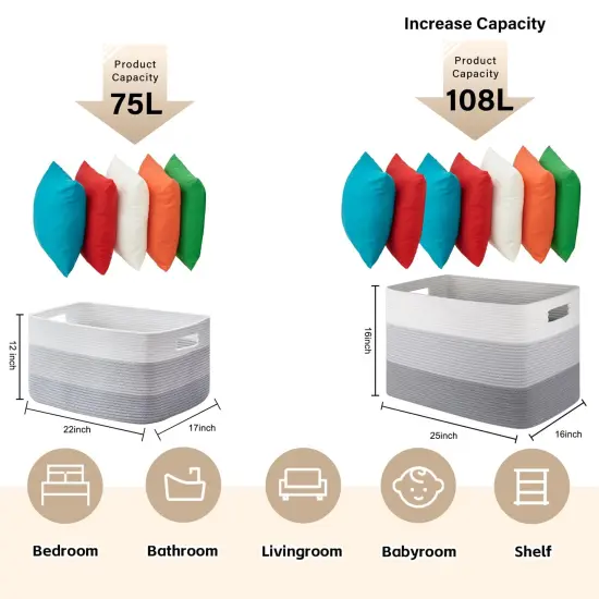 Large Blanket Basket, 22&rdquo;x17&rdquo;x12&rdquo; Rectangle Woven Baskets, Nursery Blanket Storage Living Room, Toy Storage With Handle, Large Baskets for Organizing-Gradient Grey {6}