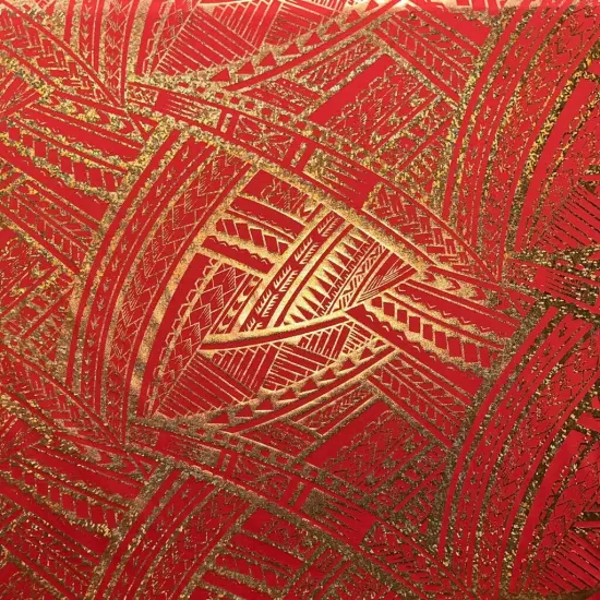 1 Yard Metallic Polynesian Tattoo Print Foil Fabric 60 Inches Wide Red/Gold {1}