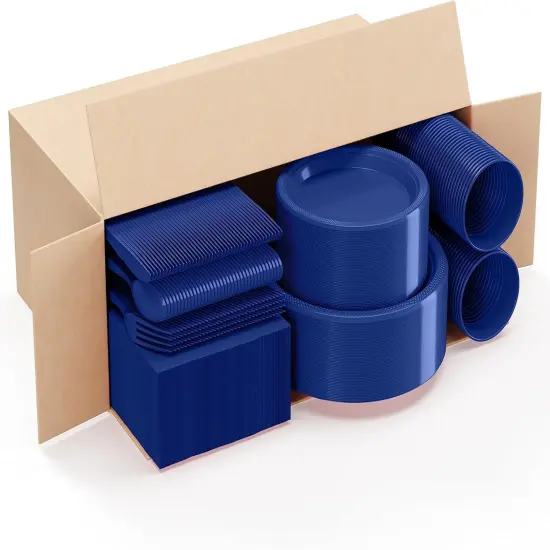 Exquisite 350 Pcs Plastic Plates for Party &ndash; Disposable Plates Set &ndash; 50 Each of 9" Dinner Plates, 7" Dessert Plates, Plastic Cups, Napkins & Plastic Cutlery &ndash; Plastic Dinnerware by Party Solids Dark Blue {4}
