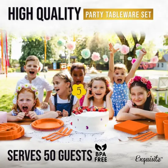 Exquisite 350 Pcs Plastic Plates for Party &ndash; Disposable Plates Set &ndash; 50 Each of 9" Dinner Plates, 7" Dessert Plates, Plastic Cups, Napkins & Plastic Cutlery &ndash; Plastic Dinnerware by Party Solids Orange {6}
