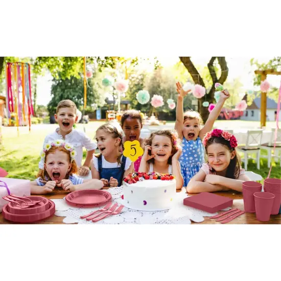 Exquisite 350 Pcs Plastic Plates for Party &ndash; Disposable Plates Set &ndash; 50 Each of 9" Dinner Plates, 7" Dessert Plates, Plastic Cups, Napkins & Plastic Cutlery &ndash; Plastic Dinnerware by Party Solids Burgundy {6}