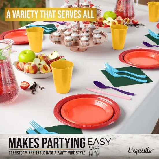 Exquisite 350 Pcs Plastic Plates for Party &ndash; Disposable Plates Set &ndash; 50 Each of 9" Dinner Plates, 7" Dessert Plates, Plastic Cups, Napkins & Plastic Cutlery &ndash; Plastic Dinnerware by Party Solids Rainbow {2}