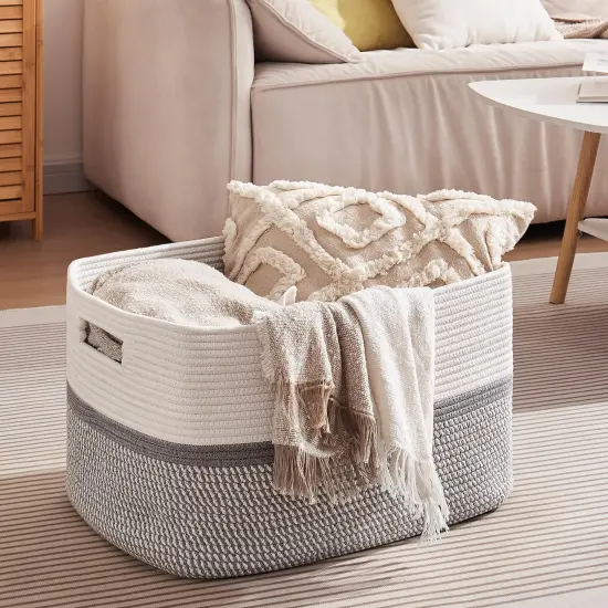 Extra Large Toy Storage Basket, Rectangle Cotton Rope Storage Basket, Blanket Basket Living Room, Woven Baskets for Organizing, 25 x 16 x 16 Inches-Grey/White {5}