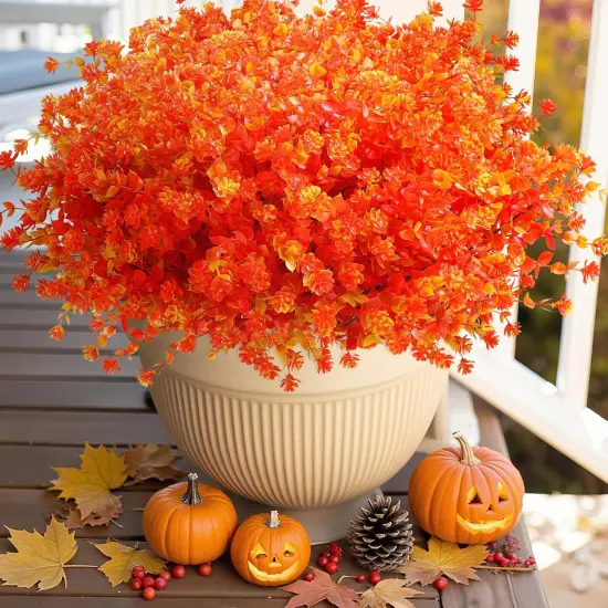 Artificial Fall Flowers Mums for Outdoor - (8Pcs,Orange) {1}