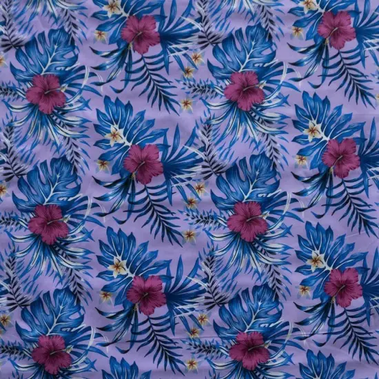 1 Yard Hibiscus Monstera Palm Leaves Polyester Fabric, 60" Wide Tropical Print Turquoise {4}