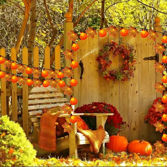 Red Maple Leaf with Pumpkin LED Lights - Pumpkin Leaf Lights {4}