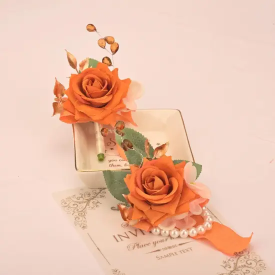 Burnt Orange Rose Wrist Corsage and Boutonniere Set {2}