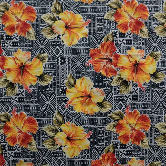 1 Yard Hibiscus On Traditional Tapa Polyester Fabric For Island-Inspired Apparel And Crafts 60 Inch Width Royal {4}