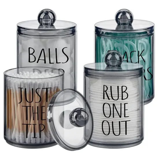 4 Pack Qtip Holder Dispenser with Lids and Labels - 10 oz Acrylic Apothecary Jars Plastic Bathroom Vanity Canister Organizer for Cotton Balls, Pads, Swabs, Floss (Black) {1}