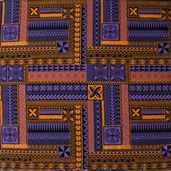 1 Yard Polynesian Geometric Symmetrical Peachskin Fabric For Elegant Apparel And Craft Projects 45 Inch Width Purple/Orange {1}