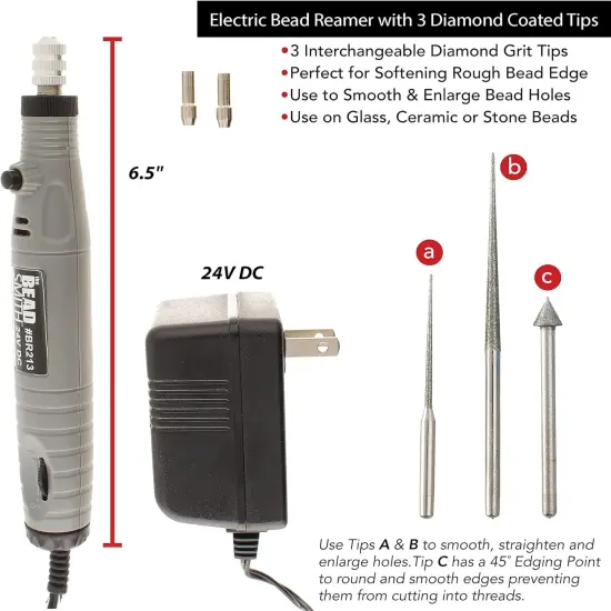 The Beadsmith Electrical Bead Reamer &ndash; 3 Interchangeable Diamond Coated Tips &ndash; 24 Volt DC &ndash; Variable Speed Control &ndash; Tools for Opening & Enlarging Holes & Softening & Smoothing Rough Edges {4}