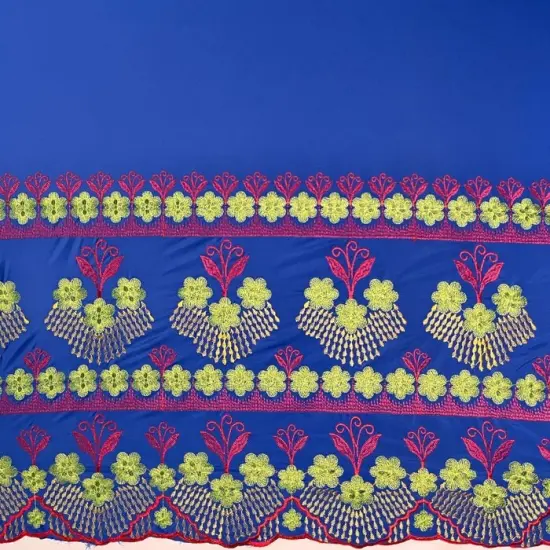 1 Yard Hibiscus Double Border Embroidered Fabric, 100% Polyester, 56 Inches Width {2}