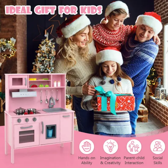 Costway Kids Kitchen Playset Wooden Pretend Play Chef Toy with Microwave & Accessories Pink/White {5}