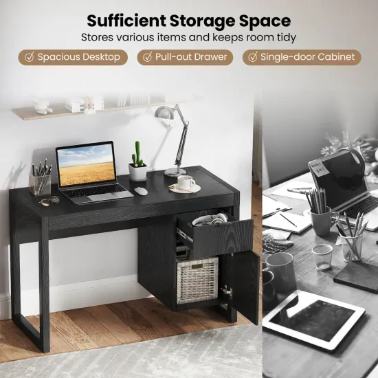 Costway Computer Desk with Storage Cabinet Pull-out Drawer Stable Thick Legs for Bedroom White/Black {6}