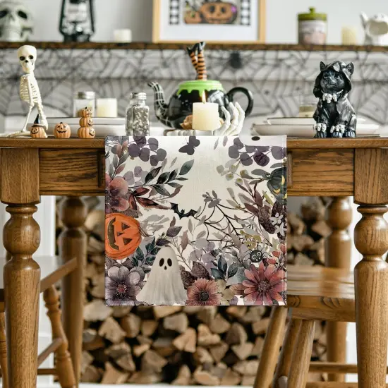 Jack-O'-Lantern Pumpkin Floral Ghost Halloween Table Runner, 13x72 Inch {2}