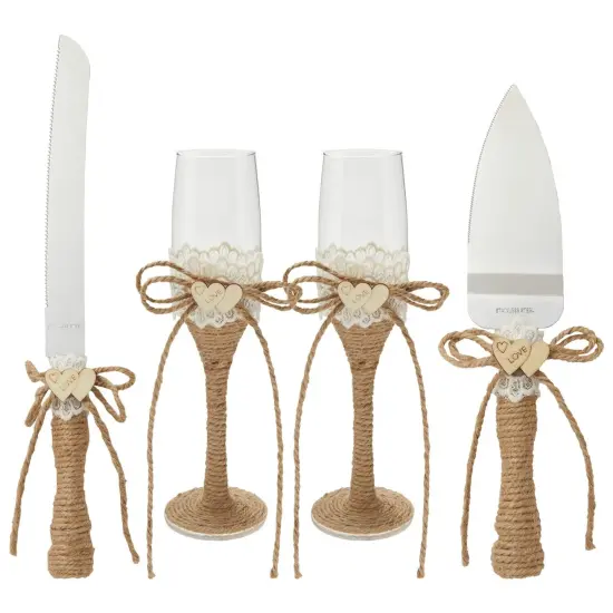 4 Piece Rustic-Style Wedding Cake Knife and Server Set with Champagne Glasses for Bride and Groom, Farmhouse Theme Reception, Country Decorations Multicolor {1}