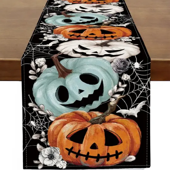 Halloween Table Runner Spooky Pumpkins Spider Web Bat Runner 13x36 Inch {1}