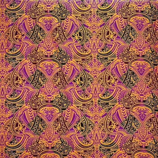 1 Yard Traditional Polynesian Tattoo Design Fabric, 100% Polyester Peachskin, 45" Wide Purple/Black/ {1}