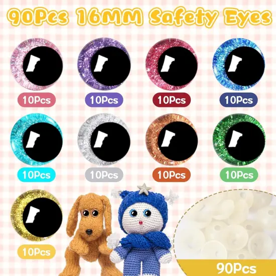 180 Pieces 16 mm 3D Glitter Plastic Safety Eyes with Washers {2}