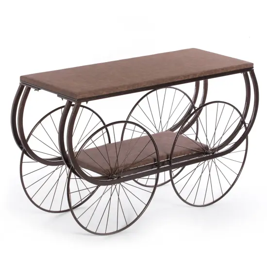 Vintiquewise Industrial Wagon Style Console Table Rustic Wood Top Large Spoke Metal Wheels & Lower Storage Shelf Vintage Accent Display Table for Hallway Entryway Dining Room Living Room or Home Bar {1}