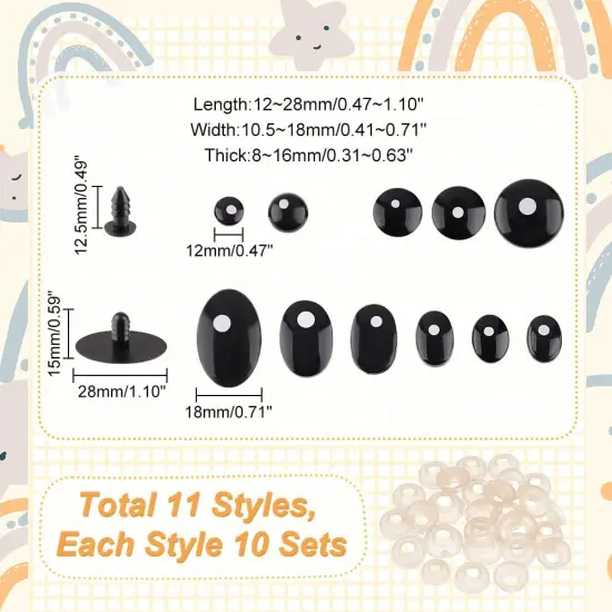 11 Styles Craft Eyes Black Stuffed Crochet Eyes Kawaii Eyes with 110PCS Washers, Oval/Flat Round {2}
