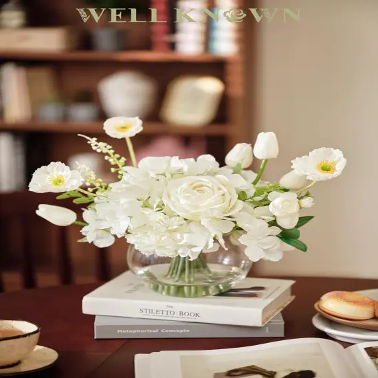 Artificial Flowers for Table Decoration Silk Hydrangea Flowers with Vase Fake Flower Arrangements in Round Bowl Vase with Faux Water for Summer Spring (White) {5}