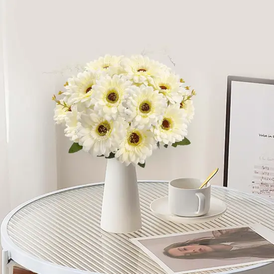 14 Summer Heads Artificial Gerbera Daisies For Tabletop Decor, 2 Bouquets Silk Daisy Flowers Artificial with Leaves & Seedling Shoots, Artificial Wild Flowers for Wedding, Party, Home Indoor Outdoor Decor {1}