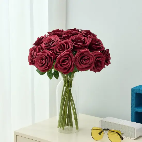 15pcs Artificial Rose Flowers Long Stem Burgundy Fake Silk Roses {3}