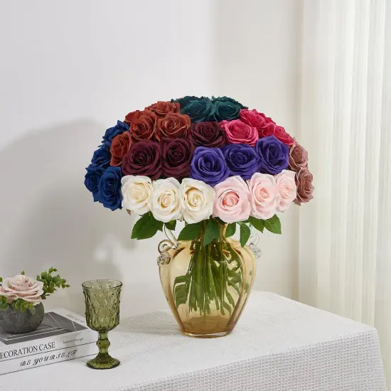 50pcs Roses Artificial Flowers Bulk,Burgundy Fake Roses Silk Flower {5}