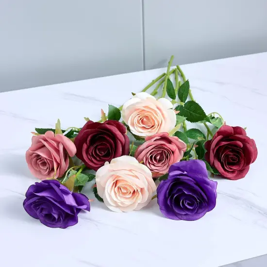 12pcs Roses Artificial Flowers Fake Roses Burgundy Silk Roses Wine Red Silk Flowers Rose with Long Stems {6}