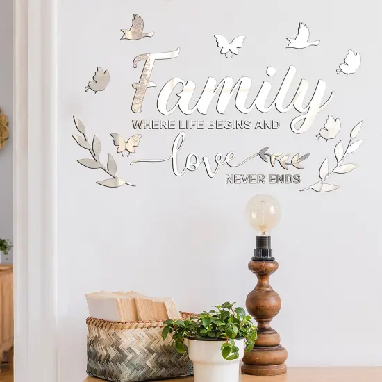 Mirror Family Wall Decor 3D Acrylic Wall Decal Stickers Family Letter Quotes Mirror Decor DIY Removable Wall Art Decals Motivational Butterfly Mural Stickers for Home Decor (Silver) {3}