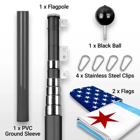 G128 Combo Pack: 20 Ft Telescoping Aluminum Flagpole (Black) & American and Chicago City Flags 3x5 Ft, Both ToughWeave Series Embroidered Polyester | Pole with Flags Included {2}