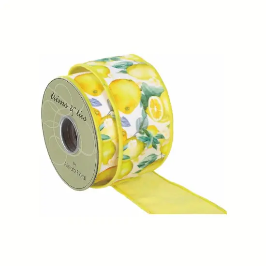 Lemon Print Wired Ribbon – 2.5"x10 yd Designer Citrus Ribbon for Summer Crafts, Wreaths, and DIY Decor-RW8324-YE {1}