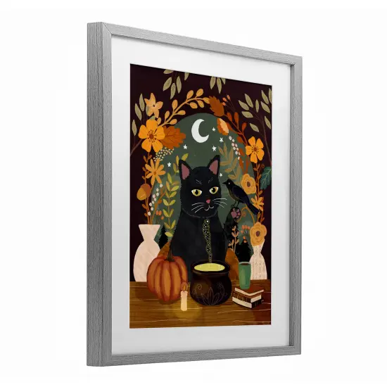 Autumnal Cat & Cauldron Framed Print Under Glass Art Gray {3}