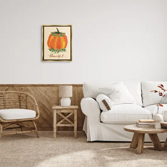 Thankful Orange Pumpkin Leaf Botanicals Autumn Plants Floating Frame Canvas Art Gold {2}