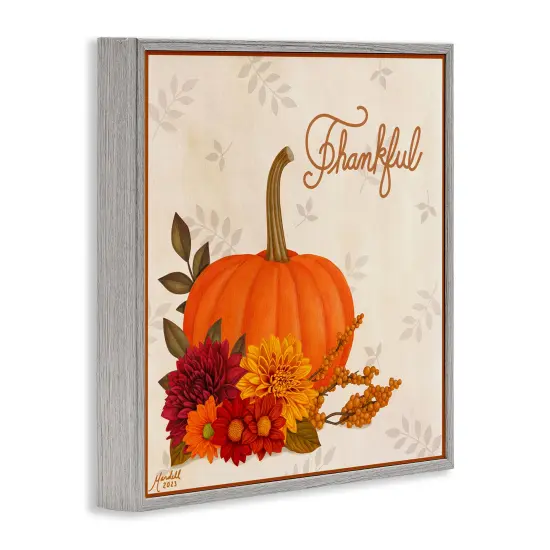 Thankful Pumpkin & Florals Framed Giclee Art Gray {3}