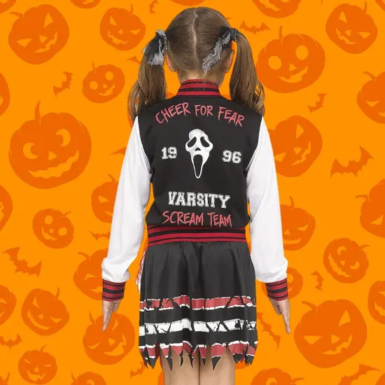 Kids Ghost Face Cheer Squad Halloween Costume &ndash; Varsity Dress with Pom Poms & Blood-Spattered Socks {5}